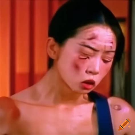 asian martial arts fighter with bruised face in 80s hong kong action