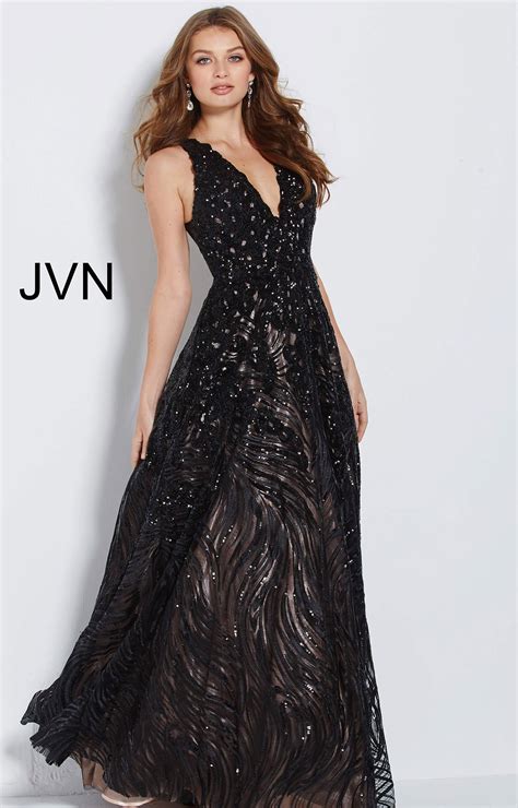 jovani jvn60641 v neckline sequin long dress with