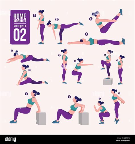 Home Workout Girl Set Woman Doing Fitness And Yoga Exercises Lunges