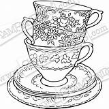 Teacup Tea Drawing Trio Line Coloring Cup Template Stacked Getdrawings Cups Drawings sketch template