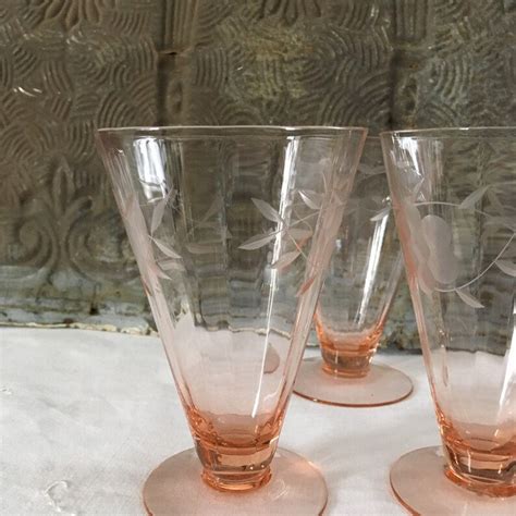Elegant Etched Vintage Pink Depression Glass Footed Glasses Etsy