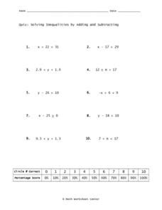quiz solving inequalities  adding  subtracting worksheet