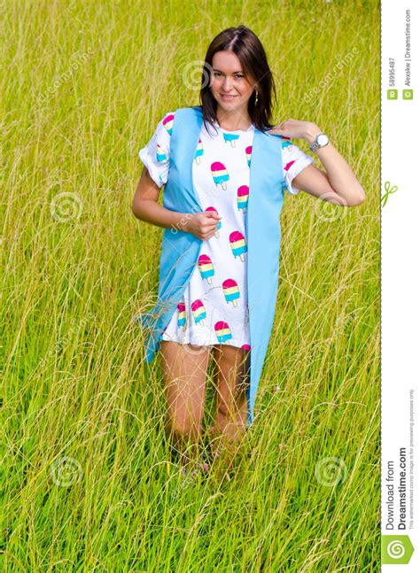 The Girl Goes On The Green Field Stock Image Image Of Female