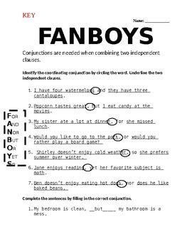 fanboys worksheet  amy ford teachers pay teachers