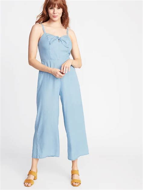 sleeveless bow tie front chambray jumpsuit for women old navy