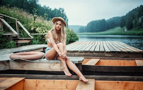 wallpaper blonde legs women outdoors river trees