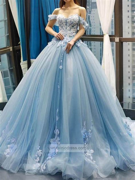Light Blue Floral Prom Dresses Cinderella Quinceanera Dress Fd1148