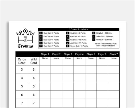 crowns score card  crowns printable score card  crowns etsy