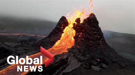 iceland volcano drone footage captures stunning  close view  eruption youtube