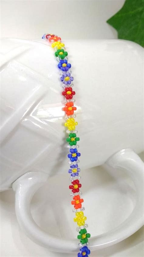 Rainbow Daisy Chain Bracelet Seed Bead Flower Jewelry T For Friend