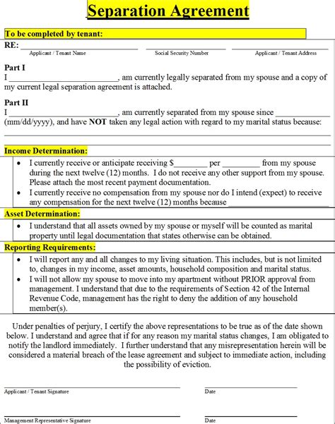 separation agreement template excel word template