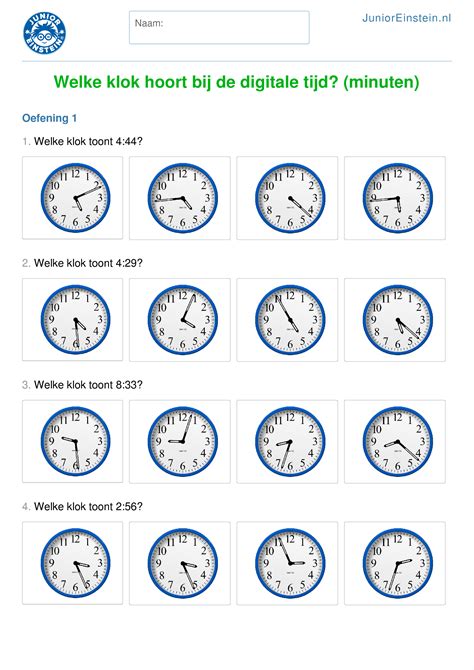 werkblad welke klok hoort bij de digitale tijd minuten