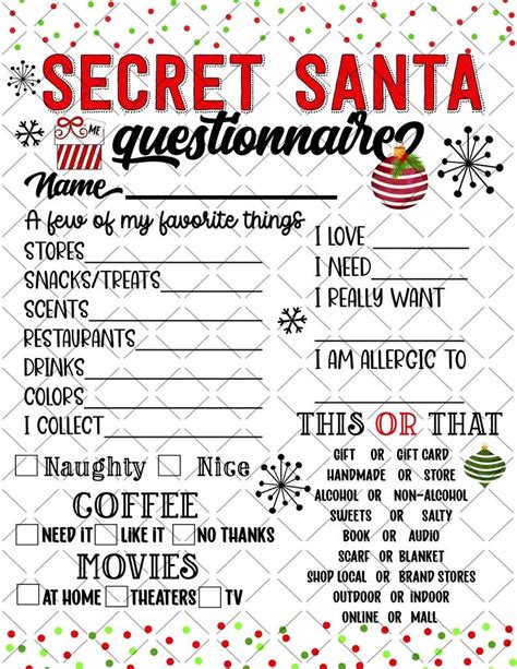 printable secret santa questionnaire printable shopping list  list