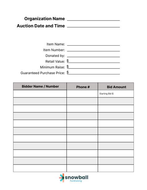 printable fundraiser silent auction bid sheet
