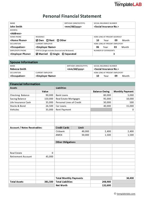personal financial statement templates forms templatelab