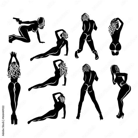 A Large Set Of Nine Simple Black And White Silhouettes Of Sexy Girls In