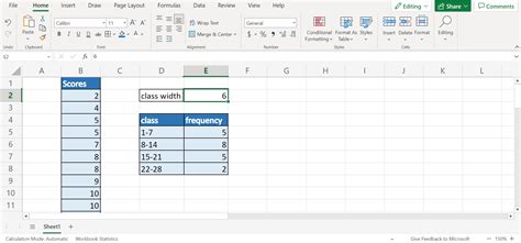 calculate class width  excel sheetaki