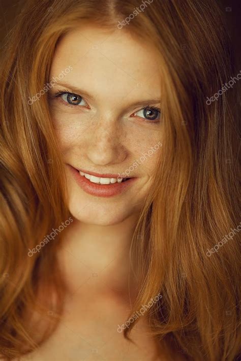 Portrait Of A Smiling Beautiful Red Haired Ginger Girl With Fu Stock