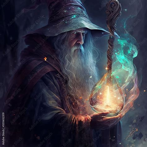 wizard  hat making magical potion digital art stock