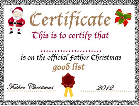good list certificate  father christmas  printable template