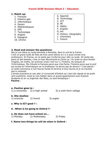 revision sheet education teaching resources