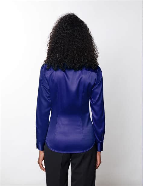 satin women s fitted blouse with vintage collar in royal blue hawes
