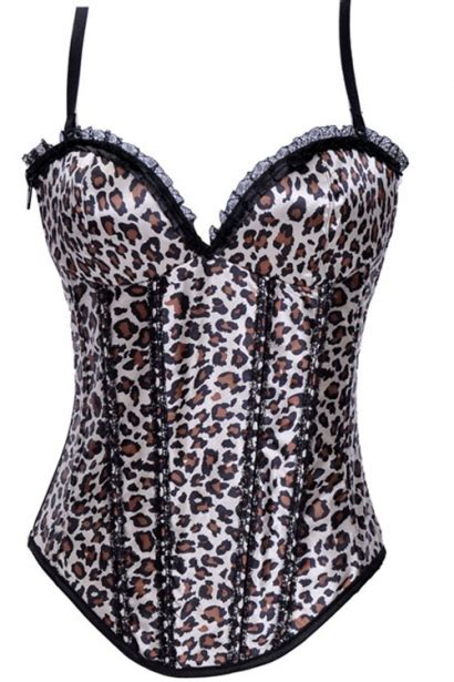 Satin White Leopard Corset With Underwired Cups Black Ruched Lace Trim