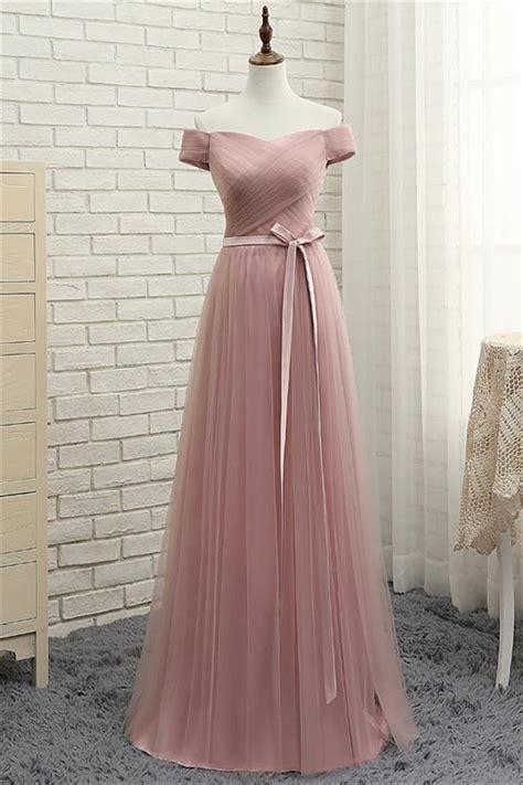 off the shoulder long dusty rose tulle ruched prom dress