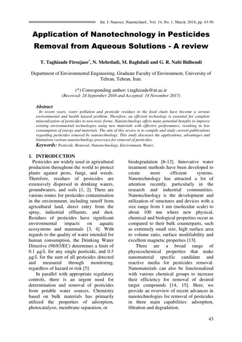 Pdf Application Of Nanotechnology In Pesticides Removal From Aqueous