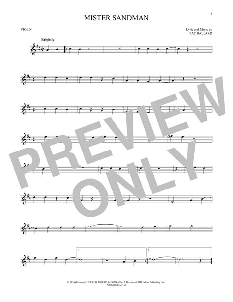 mister sandman sheet music by the chordettes violin 168780
