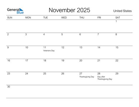 november  calendar  united states holidays