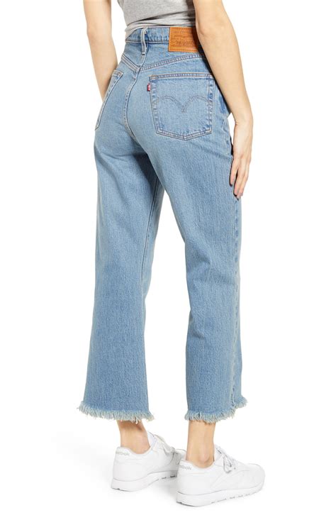 levi s denim ribcage super high waist frayed crop flare jeans in blue