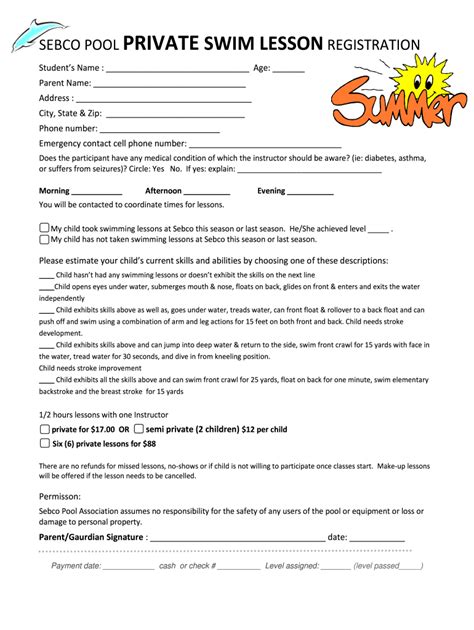 swim lesson registration form template fill  sign  dochub