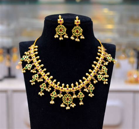 gold plated latest guttapusalu necklace set south india jewels