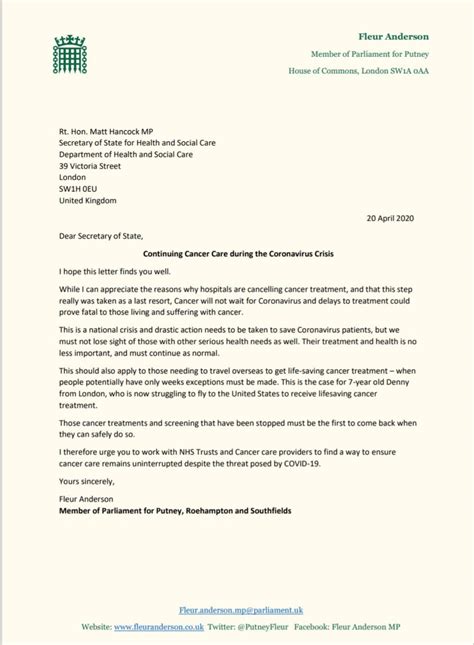 letter continuing cancer care   pandemic fleur anderson mp