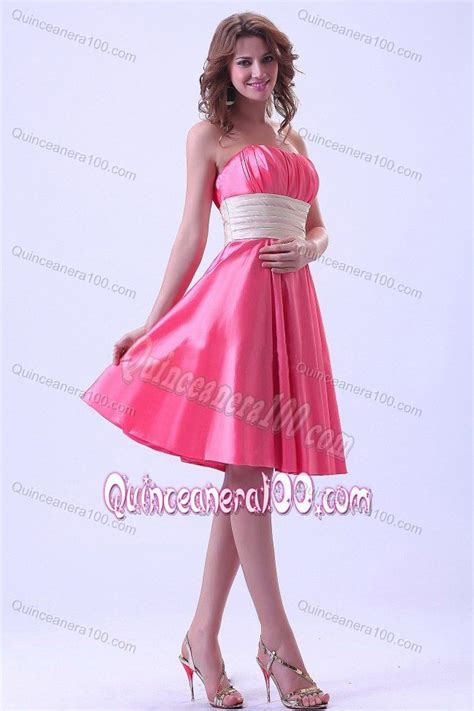 Hot Pink Knee Length Quince Dama Dress With Ruches In