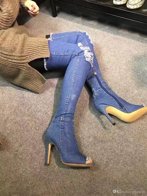 2017 tall boots skinny denim hole shoes peep toe high heel over knee length slim leg tall sex