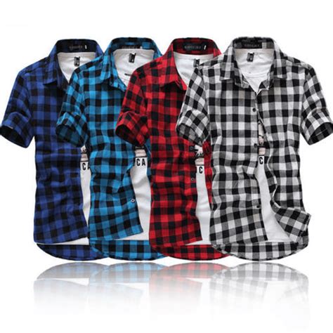 tsexiefoofu fashion mens summer casual dress shirt mens plaid short sleeve shirts tops