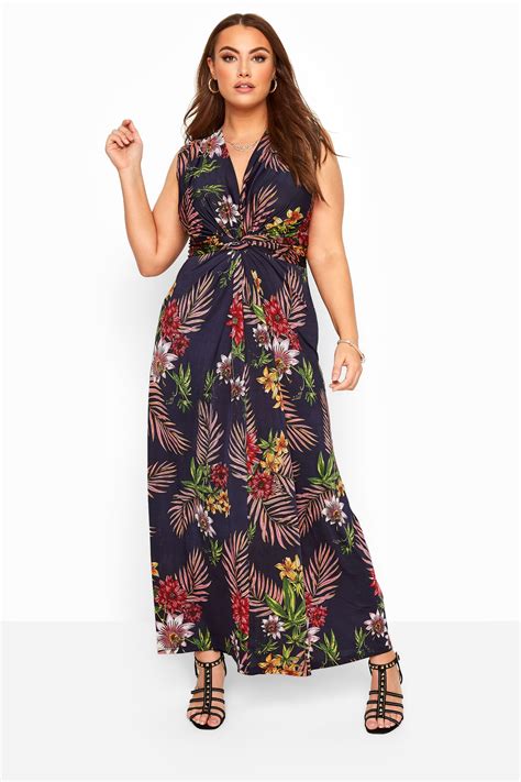 donkerblauwe maxi jurk met knoopdetail en tropische bloemenprint grote maten    clothing