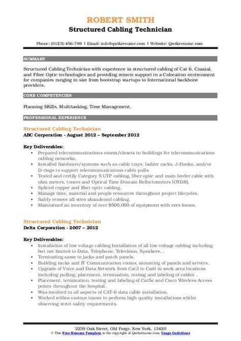 structured cabling technician resume samples qwikresume