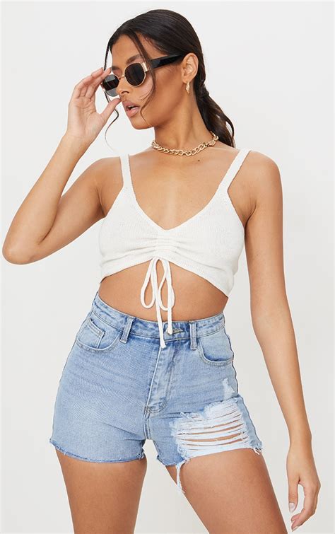 Cream Ruched Front Knitted Cropped Top Prettylittlething