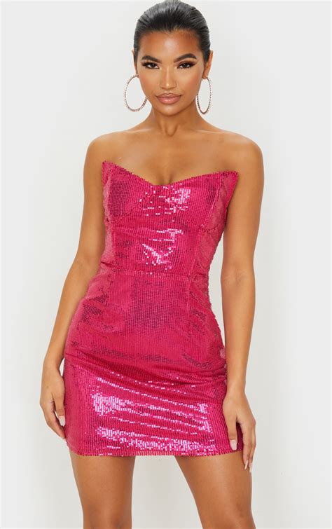 hot pink sequin bandeau bodycon dress prettylittlething usa