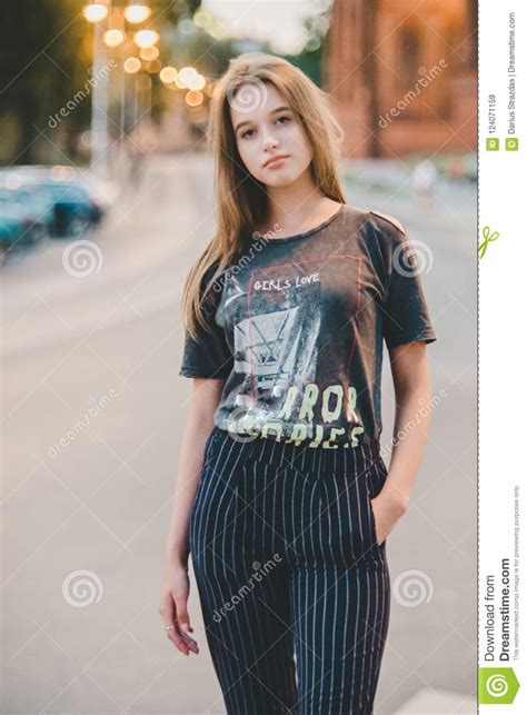 cute teen girl in a city stock image image of smile 124071159