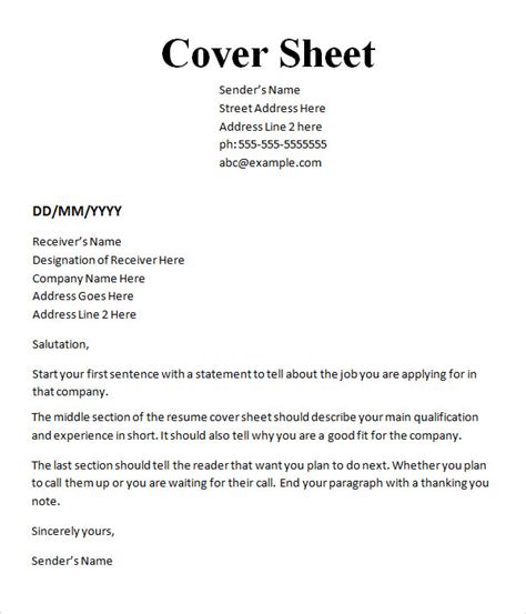 cover sheet template     word  sample templates