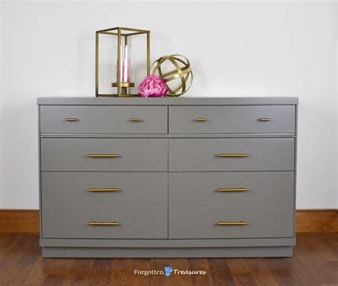 mcm gray dresser with amber gold drawer pulls grey