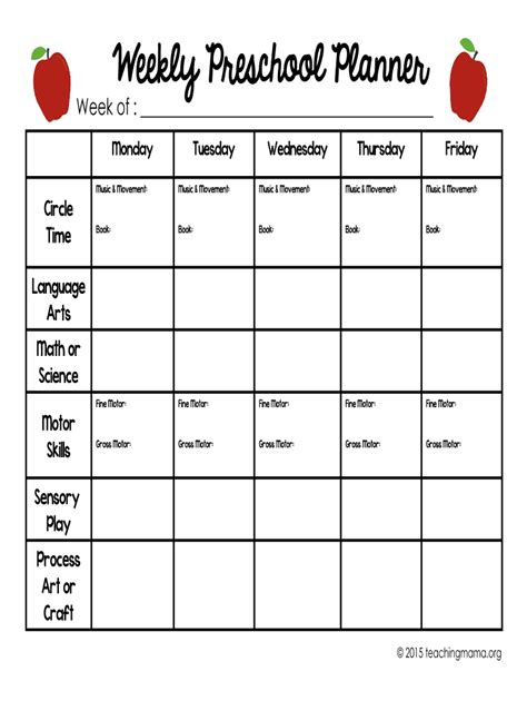 printable weekly lesson plan template  preschool printable templates