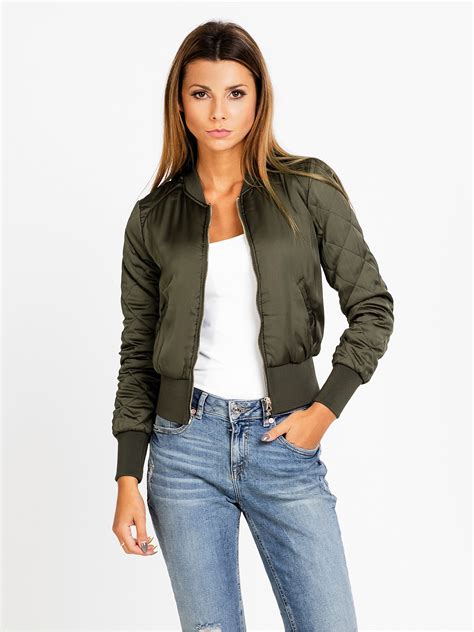 basic army green bomber jacket coat women  spring satin pocket