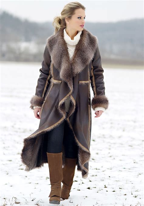 brown faux fur trimmed suede cascade full length coat womens faux fur coat leather coat