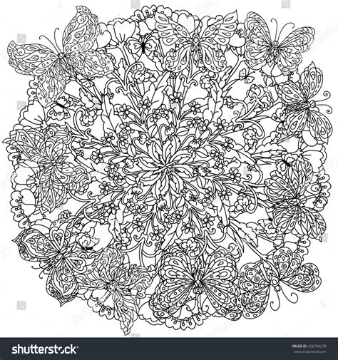 uncolored flowers butterfly adult coloring book stock vector