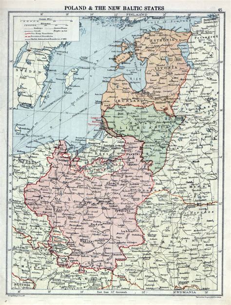 large detailed old map of poland and baltic states 1920